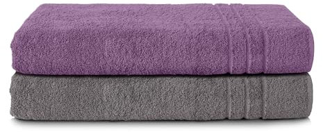 Komfortec 2er Saunatuch Set 80x200 cm aus 100% Baumwolle, XXL-Saunatücher, Sauna Handtuch, Weich, Groß, Frottee, Schnelltrocknend, Anhtrazit Grau/Violett
