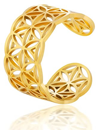 TEAMER Größenverstellbare Blume des Lebens Ringe Edelstahl Om Symbol Ring Heilige Geometrie Magisches Hexagramm Talisman Amulett Schmuck für Frauen Mädchen (Blume des Lebens-Gold)