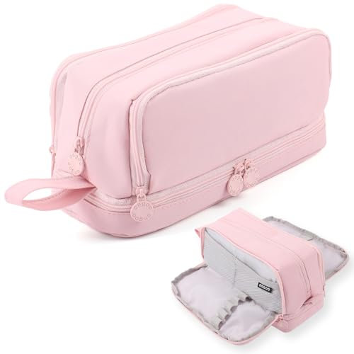 MAMUNU Large Capacity Pencil Case 4 Compartments, Big Pen Pouch with Zipper Portable Handle, Aesthetic Pencil Case Bag Stationery Organizer for Office College School Teen Girl Boy Men Women, Pink