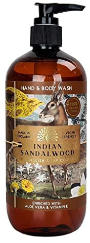 The English Soap Company Indian Sandalwood Hand and Body Wash - Vegan Friendly Anniversary Collection with Aloe Vera & Vitamin E, Warm Spiced Woody Scent, Recyclable Bottle, Made in England - 500ml