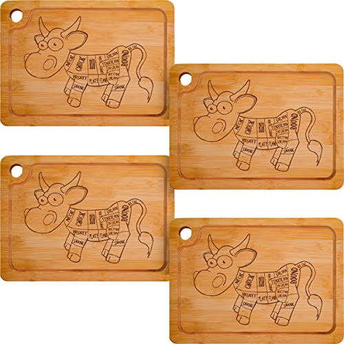 DuneDesign Set de 4 Planches à Steak en Bambou - Bois Massif 33x23cm Épais 20mm avec Rigole pour Jus