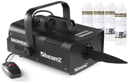 BeamZ SNOW900 Set Schneemaschine mit Flüssigkeit, 900 Watt Schnee Maschine mit Kabelfernbedienung, Snow Machine mit 1 Liter Konzentrat zum mischen, mini Schneekanone Garten, Winter Simulation