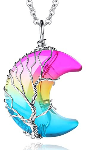 XIANNVXI Necklaces for Women Crescent Moon Pendant Necklace Tree of Life Wire Wrapped Crystal Necklaces Natural Gemstone Quartz Jewelry for Women Men, Crystal, No Gemstone