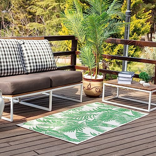 Livabliss Outdoor Teppich wetterfest, Mersin - In und Outdoor Teppich für Balkon 80x150 cm, Terrasse, Garten, Küche - Outdoor Teppich Boho Style, Teppich für draußen - Teppich Elfenbein und Grün
