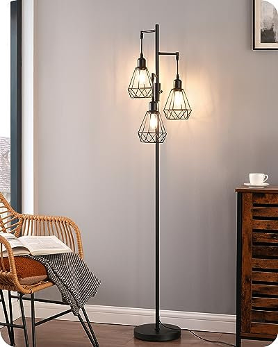 EDISHINE Stehlampe Wohnzimmer 163cm, Vintage Standleuchte Dimmbar, Industrial Stehleuchte Schwarz mit LED E27 Leuchtmittel, 3 Käfig Lampenschirm aus Metall, für Modern Deko Schlafzimmer, Geschenk