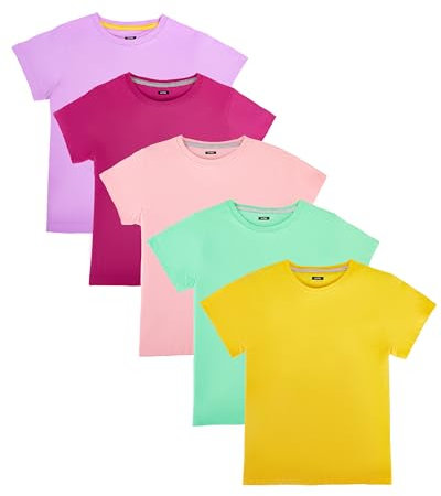 Nutria T-Shirt Bambino e Ragazzi 100% Cotone Pacco da 5 Tee Shirt Ragazzo e Ragazza Manica Corta Estate Top Unisex Tinta Unita Vari Colori Rosa/Viola/Rosa Chiaro/Verde Menta/Arancio Chiaro 12-13 Anni