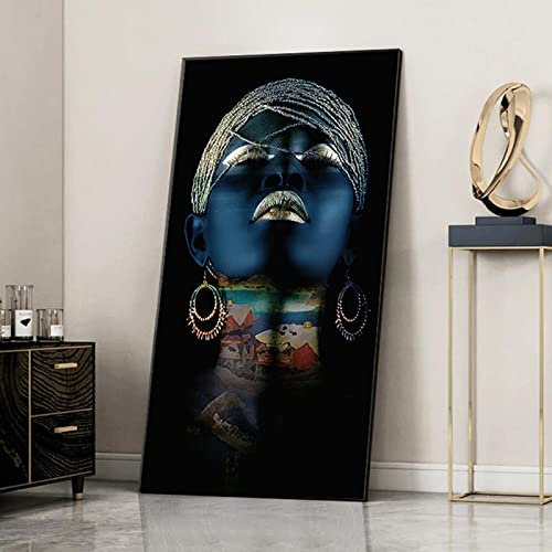 BIEMBI Buntes Ölgemälde mit schwarzer Frau auf Leinwand, abstrakte Poster und Drucke, afrikanische Wandkunst, Bilder, moderne Wohnzimmerdekoration, 50 x 100 cm Innenrahmen