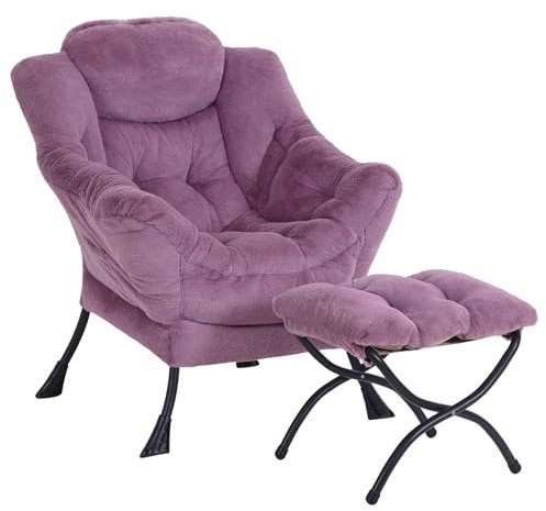 SESHINELL Armchair with Ottoman, Comfy Upholstered Lounge Reading Chair with Side Pocket and Armrests, Modern Bedroom Lazy Chair and Footstool Set for Living Room, Plush Purple