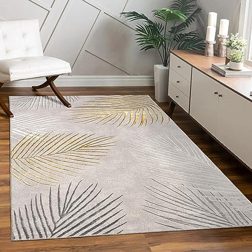 Paco Home Teppich Wohnzimmer Schlafzimmer Moderner Kurzflor glänzendes Palmen-Muster Florales Design Geometrisch Hoch-Tief-Effekt 3D, Grösse:200x290 cm, Farbe:Gold