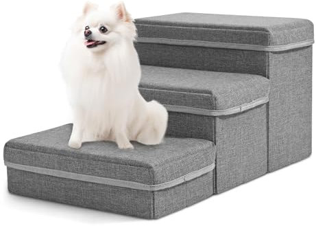 SenDeluz Dog Steps for Sofa Beds, Foldable Pet Steps with Storage Box, Durable Non-Slip Fabric Cover Friendly storage Dog Cat Stairs to Small Dogs and Cats or Injured Pets,3 Steps