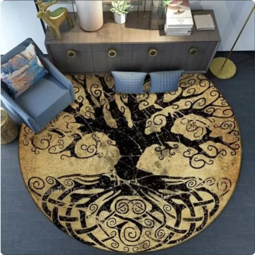 CUTSKY Wikinger Muster Bereich Teppich Runendruck Runde Bodenmatte Wohnzimmer Teppich Badezimmer Küche Teppich Fußmatte 180cm
