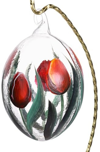 Rote Tulpen durchsichtiges mundgeblasenes Osterei-Ornament aus Glas