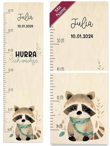 Messlatte Kinder - Hurra ich wachse Waschbär mit Name und Datum Kindermesslatte Babymesslatte Jungen Mädchen - 0-60 cm - Holz - für