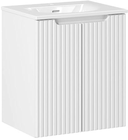 Lomadox Badezimmer Waschtisch 50cm mit Keramikwaschbecken, weiß mit gerillter Front