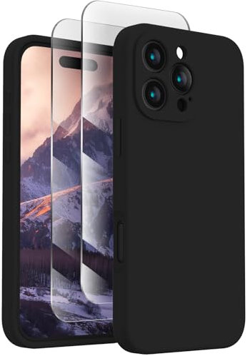 FireNova Designed for iPhone 16 Pro Case, Silicone Upgraded [Camera Protection] Phone Case with [2 Screen Protectors], Soft Anti-Scratch Microfiber Lining Inside, 2024, Black