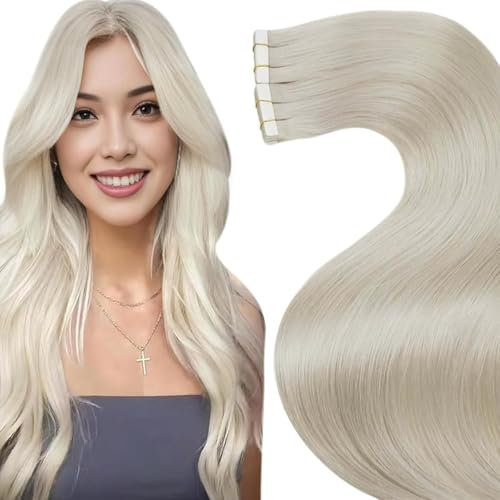 LaaVoo Echthaar Tape in Extensions Platinblond Tape in Extensions Remy Haar Nahtlos Haarverlängerung Echthaar Blond 50G 20PCS #60 45cm