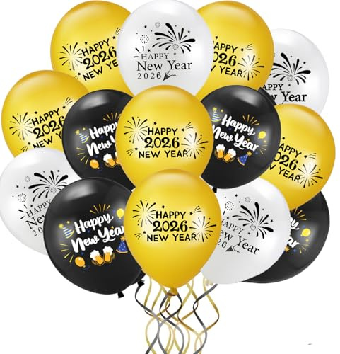 Silvester Deko 2026Luftballon, 20Stück Happy New Year Ballons, Schwarz Gold Latex Helium Luftballons für 2026 Silvester Neujahr Party Dekoration