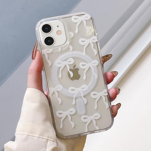 UEEBAI Magnetic for iPhone 11 Case, Bow Case Compatible with MagSafe, Wireless Slim Clear Ribbon Aesthetic Phone Case Anti-Yellowing Shockproof Protective Cover for Women Girl - White