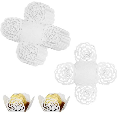 Papier d'emballage pour truffes au chocolat, 50 étuis à truffes mini en feuille d'or à motif de roses pour Noël, mariage, anniversaire, fête de bébé, Saint-Valentin (blanc)