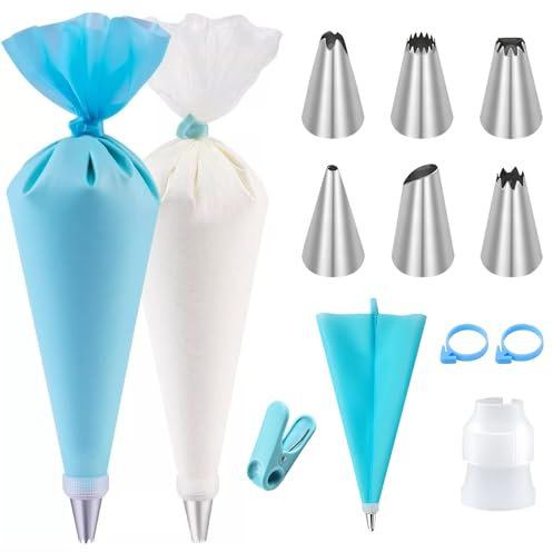 Piping Bags and Nozzles Set - 111 Pcs Cake Piping Kit with 1 Reusable Piping Bags Icing Bag 6 Nozzles, 2 Bag Ties, 1 Couplers & Clip Large Icing Bags Reusable Cake Decorating Plastic Pastry Bags