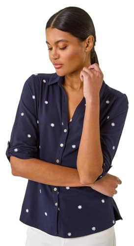 Roman Originals Shirt for Women Ladies Cotton Blouse Button Through Tunic Printed Top Work Long Sleeve Smart Casual Going Out Work Office V Neck Everyday Evening Event - Navy Ivory - Size 18