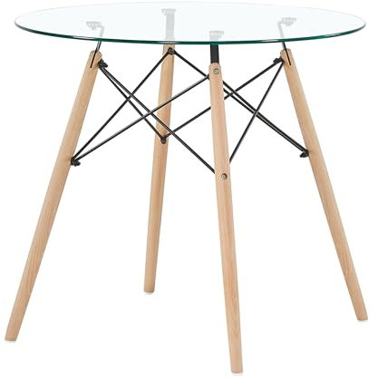 Table de salle à manger ronde moderne style scandinave en verre avec pieds en hêtre 80 x 80 x 74 cm