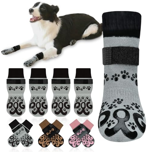 rutschfeste Hundesocken – doppelseitige Pfotenüberzüge, rutschfeste Hundesocken für kleine, mittelgroße und große ältere Hunde, hellgrau und schwarz, L