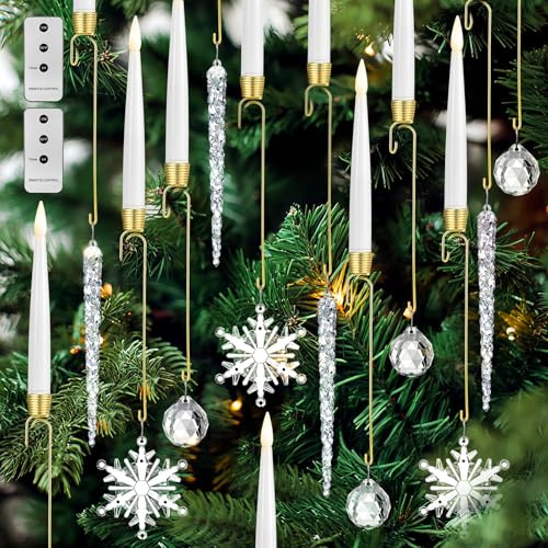 Baquler 12 Stück Weihnachtsbaumkerzen, flammenlose LED-Kerzen, batteriebetriebene Lichter mit Kugel, Eiszapfen, Schneeflocken-Haken und Fernbedienung, Weihnachtsbaum-Hängeornamente für Winter, Neujahr