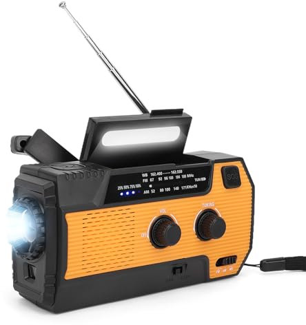 Radio Solar,VISLONE Radio Meteorológica de Emergencia Am/FM con Manivela y Dinamo, Cargador USB Recargable de 4000 mAh, Alarma SOS, Linterna LED, para el Hogar, Camping y Senderismo.