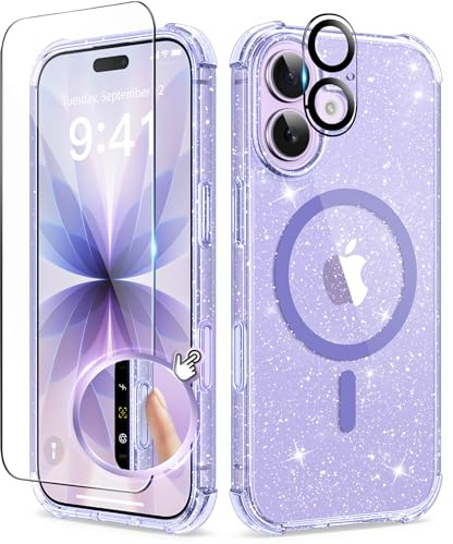 BERFY for iPhone 17 Case for Women, Compatible with MagSafe, Clear Glitter Shockproof Protective Case, Anti-Yellowing, with Screen Protector & Camera Lens Protector 6.3, Sparkle Purple