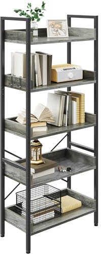 YITAHOME 5-stöckiges schmales, hohes Bücherregal, offenes Bücherregal mit 4 Haken, industrielles Lagerregal für Wohnzimmer, Home Office, graues freistehendes Regal