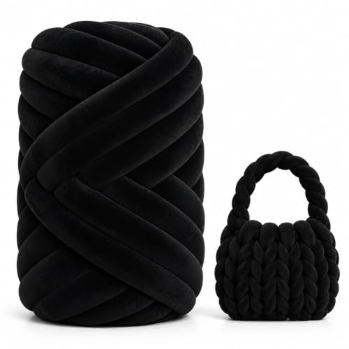 Armstricken Wolle 500g 16m, XXL Samt Schlauchgarn zum Handstricken | 3CM Extra Dickes Grob Gestrickte Handstrickgarn, Dicke Woll Sperrige Chunky Yarn für DIY Tasche Decke Kissen (Schwarz)