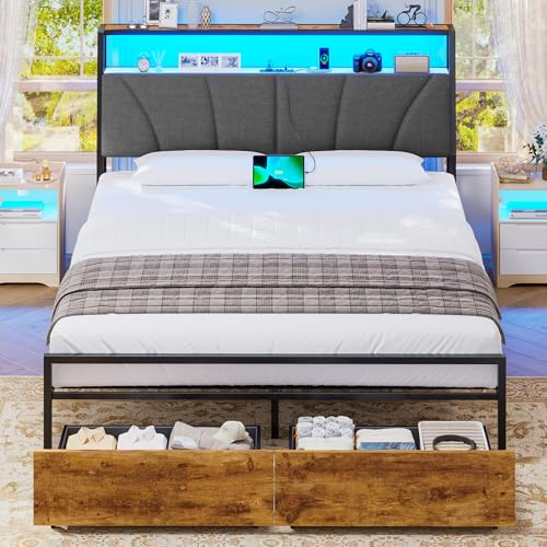 Brinlawb Bett 140x190 mit Stauraum, Lattenrost aus Metall, Bettgestell 140x190 cm mit LED & Ladestation (2 AC-Steckdosen & 2 USB-Anschlüsse), Jugendbett Doppelbett mit 2 großen Schubladen, Grau