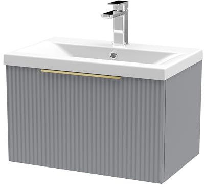 Balterley Vanity Unit with Basin Wall Hung, Single Drawer Soft Close with Mid Edge Sink and Handle, Bathroom Vanity Units with Basin, Fluted Front Sink Cabinet - 610 x 390 x 399mm (Grey)