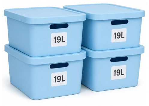 Plastard Aufbewahrungsbox mit Deckel 4er-Set 19 Liter in Blau | BPA-Freie Ordnungsbox für Küche, Bad, Büro, Kinderzimmer, Robuste Stapelbare Kunststoffbox, 46 x 34 x 16 cm, Ordnungskiste