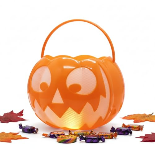 Classic Line 1032-022 – Kürbis Eimer Halloween, LED Eimer Ø 16 cm, Orange, Süßigkeiten Eimer mit Soundeffekten, Henkel, Party- & Trick-or-Treat Zubehör