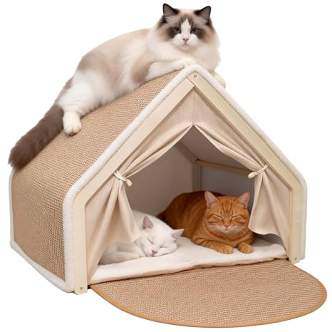 Katzenhaus Katzenzelt Sisal Kratzbrett, 2-in-1 Holz Katzenzelt Drinnen & Kratzbrett Katze, Katzenhöhle für Zwei Katzen, Katzen rückzugsort