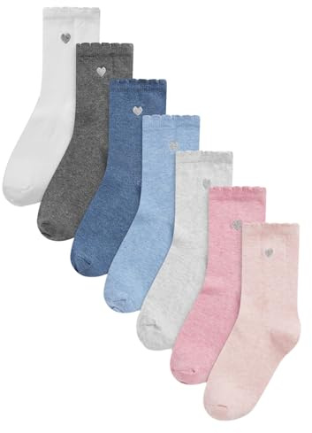 NEXT Mädchen Socken mit Baumwolle und Herzstickerei, 7er-Pack 31-41 | Mehrfach, 23-25.5, In sieben Farben erhältlich, Gestickten Herzen