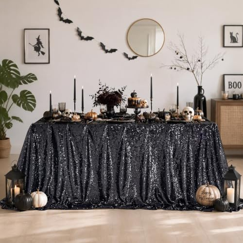 Schwarze Glitzer Tischdecke Pailletten 150x255 cm – Tischdecke für Moderne Hochzeit Graduation Verlobung Party Bierzeltgarnitur Deko