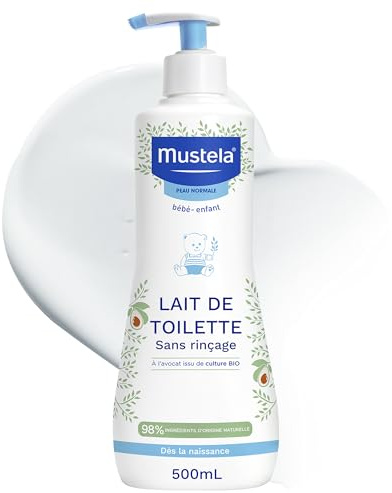 Mustela Lait de Toilette Bébé Favorisant l'hydratation Sans Rinçage 500ml | Nettoie visage et siège dès la naissance, produit naissance hygiène haute tolérance, hydrate avec du perséose d'avocat BIO