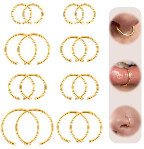 JeweBella 16 Stück 20G/18G/16G Fake Nasenpiercing Ring Gold/Silber, Daith Helix Piercings Septum Nasenring Conch Tragus Piercing Lippe Ring Nasenpiercing Chirurgenstahl für Frauen Männer 6/8/10/12mm