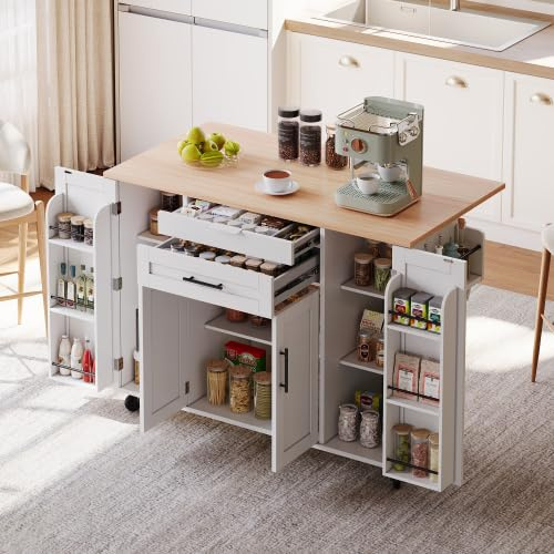 Henjda Isola da cucina, carrello da portata con piano di lavoro estraibile, carrello da cucina, cassetto per posate nascosto, ripiani regolabili, portaspezie e portasciugamani, per cucina e sala da