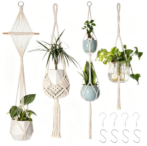TINA.WIN Lot de 4 Suspensions Macramé pour Plantes en Coton avec Crochets | Pot Suspendu pour Plante Intérieure, Style Bohème Adapté au Salon, Balcon, Jardin ou Terrasse