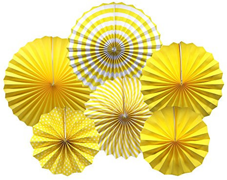ADLKGG Party Hanging Paper Fans Set, Yellow Round Pattern Paper Girlanden Decoration for Birthday Wedding Graduation Events Accessories, Set of 6