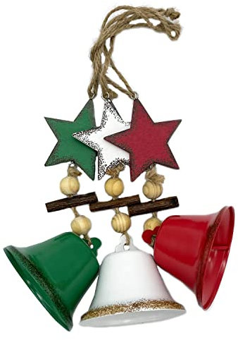 Pape Kunstgewerbe 3 süße Glocken in grün, rot und weiß zum Aufhängen an den Christbaum mit Holzsternen. Weihnachtsschmuck