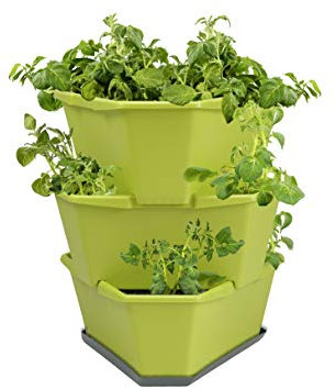 Paul Potato Starter Kartoffelturm - stapelbar - Hochbeet/Pflanzgefäß/Blumentopf für Balkon, Garten und Terrasse (3 Etagen, Grün) inkl. Untersetzer