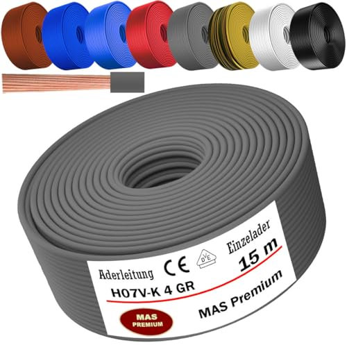 Cable de 5 a 100 m H07 V-K 4 mm² negro, marrón, azul oscuro, amarillo verdoso, gris, azul claro, blanco o rojo, cable individual flexible (gris, 15 m)
