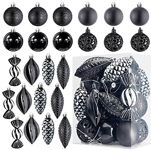 Prextex Black Christmas Ball Ornaments Christams Decor 24 Pieces Xmas Tree Shatterproof Ornaments Hanging Loop Holiday & Party Decoration (Combo Of 8 Ball & Shaped Styles),Medium,8 Different Styles