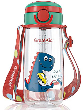 Bunnytoo Gourde Enfant avec Paille 500ml,Gourde Enfant avec Capuchon et Poignée - Système Anti-Gouttes et Étanche - Nettoyage Facile - Gourde Anti-Fuite Enfant - Plastique sans BPA - Rouge