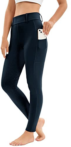 Reitleggings Damen Vollbesatz mit Handytasche, High Waist Reithose Damen Mädchen Stretch mit Gürtelschlaufen Marine Blau S